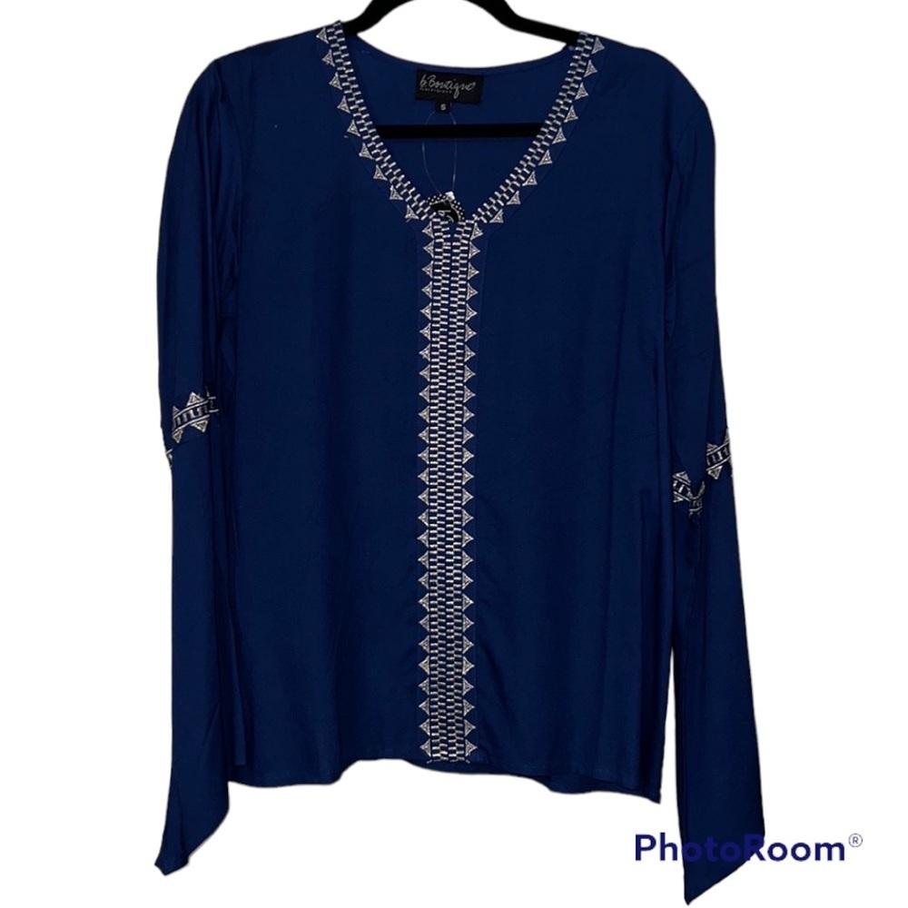 B. Boutique by Evergreen small metallic embroidered top indigo blue long sleeve
